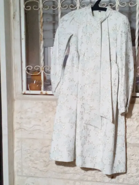 Beige and mint dress with green and gold flowers